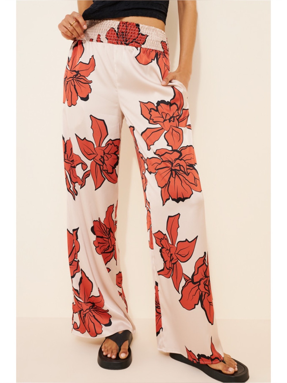 Hutch Anthropologie Satin Outline Floral Pants in Ivory
